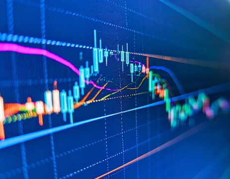 Financial trading chart with candlestick bars and moving averages on screen