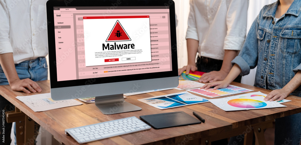 Poster cyber attacking concept. malware alert showing on computer screen display scam and threat detection 