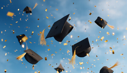 blue and gold graduation caps in the air with confetti on a blue sky background, creating an atmosphere of celebration for students who have just received their certificate or diploma from school,