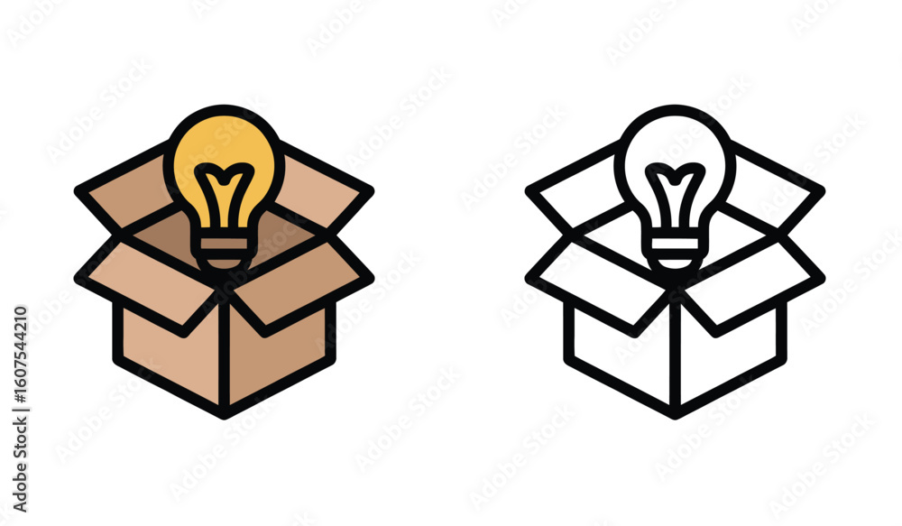 Poster box of ideas conceptual graphic with lightbulb in open cardboard container symbolizing inspiration