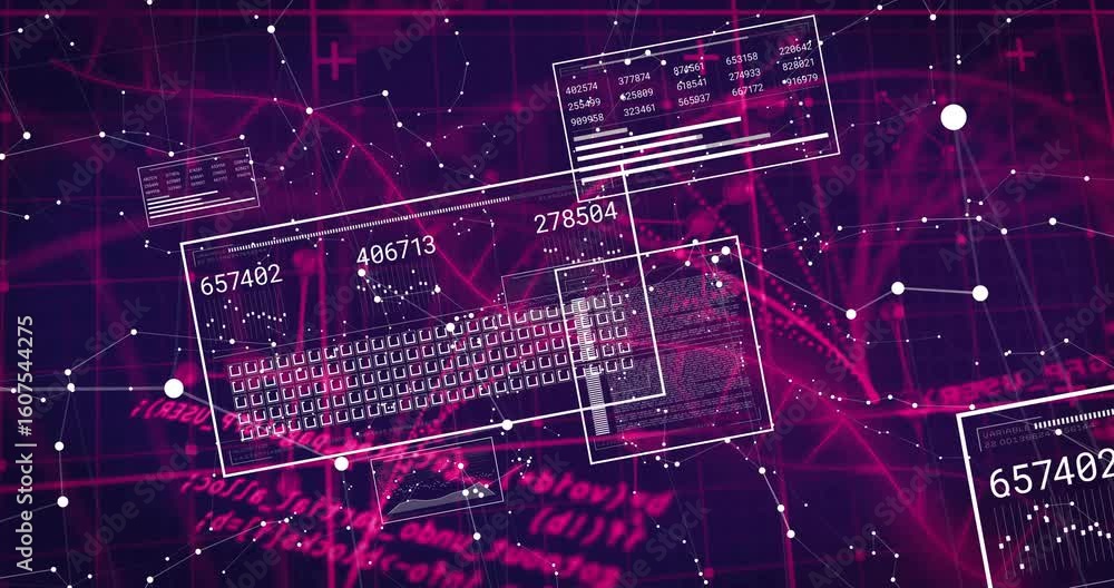Poster panels fading in, numbers updating then panels sliding rotating, visualizing network data