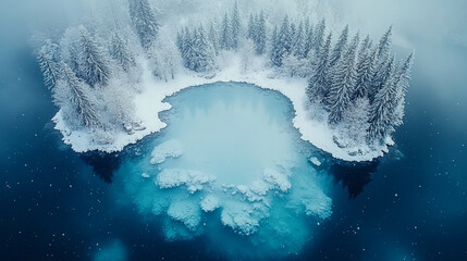 Aerial view of a snow-covered mountain lake in winter reveals serene icy waters surrounded by pristine snow and rugged peaks, capturing nature’s tranquil, cold beauty.

