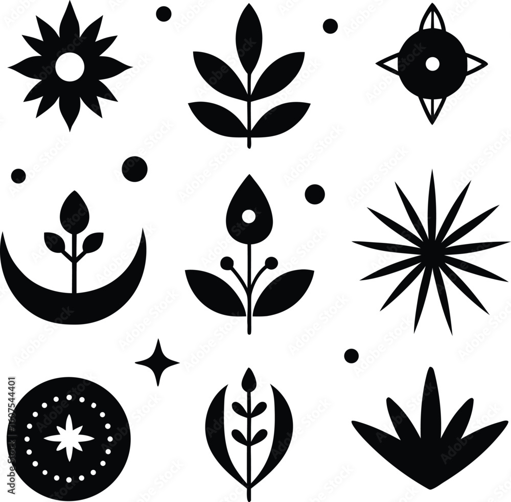 Poster collection of celestial and botanical silhouettes isolated on transparent background