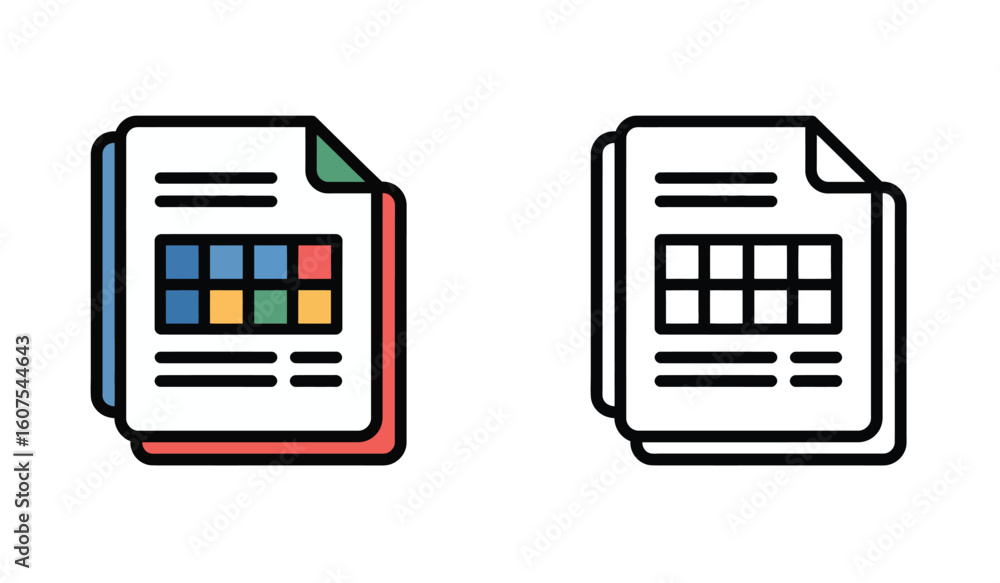 Poster colorful and monochrome document icons representing spreadsheet or table data files