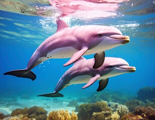 Rare pink dolphins are swimming under ocean, Generative AI