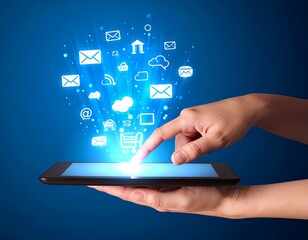 Person using a tablet to access a stream of digital communication and social media icons