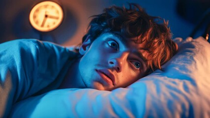 Young man with anxious expression lying in bed unable to sleep at night with glowing clock on the wall indicating late hours and blue