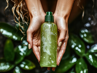Bottle of green liquid is being held by a person's hand