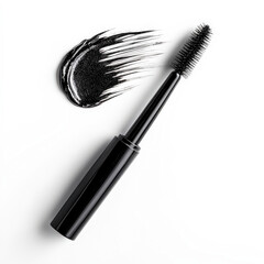 Black mascara brush with a black tube of mascara next to it