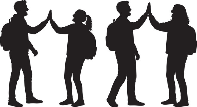Four friends giving high fives silhouette isolated on white background