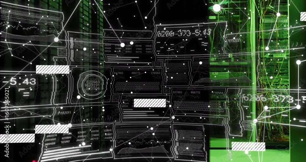 Poster overlay activating network scanning racks, forming grid, sliding bars, monitoring performance