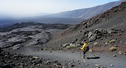 A lone hiker with a yellow backpack treks across a vast and desolate volcanic landscape.
