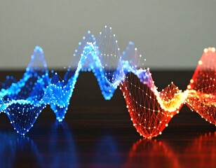 Abstract digital data wave transforming from blue to red with glowing particles