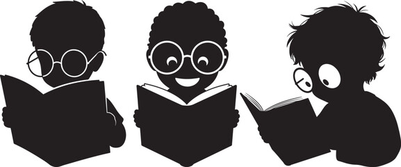 Three silhouettes of children reading books isolated on white background