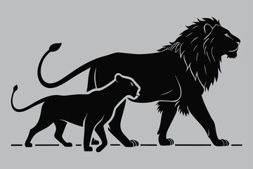 Lion and lioness walking side by side silhouette vector design art and illustration