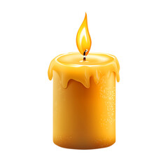 Illuminated yellow candle with dripping wax and bright flame isolated on white background