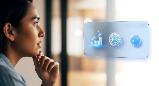 Woman studies business growth analytics on a futuristic digital interface - Powered by Adobe