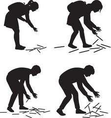 Four silhouettes of people collecting small objects isolated on white background