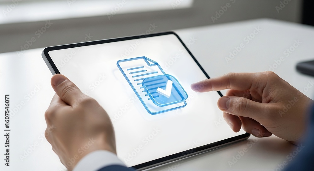 Aufkleber close up of person using a tablet displaying a document with a checkmark and percentage