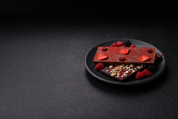 Bar sweet craft artisan chocolate with dried fruits made at home. Craft chocolate