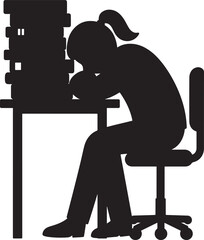 Tired student sleeping on desk with stack of books silhouette isolated on white background