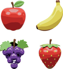 A Colorful Medley of Fruits Featuring a Red Apple, a Yellow Banana, Purple Grapes, and a Delicious Red Strawberry