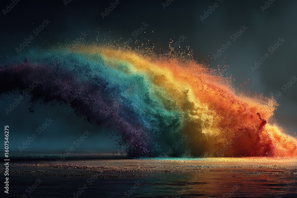 Poster stunning flow of colored powder creating a vibrant wave effect in a dark setting during an artistic 
