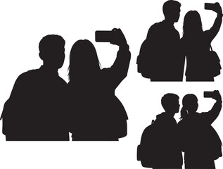 Couple taking a selfie silhouette isolated on white background