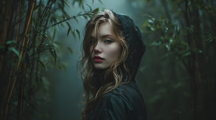 A captivating portrait of a woman in a hooded jacket amidst a misty forest.
