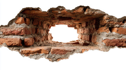 Crumbling brick wall with sizeable opening, exposing transparent background and offering generous space for graphic design, highlighting architectural decay and textural details