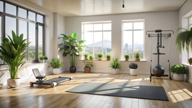 Photo of a bright and spacious home gym features exercise equipment, potted plants, and large windows offering a scenic view
