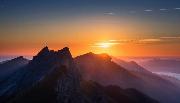 a sleek mountain design with a sun rising behind the peaks symbolizing new beginnings under a glowing sky