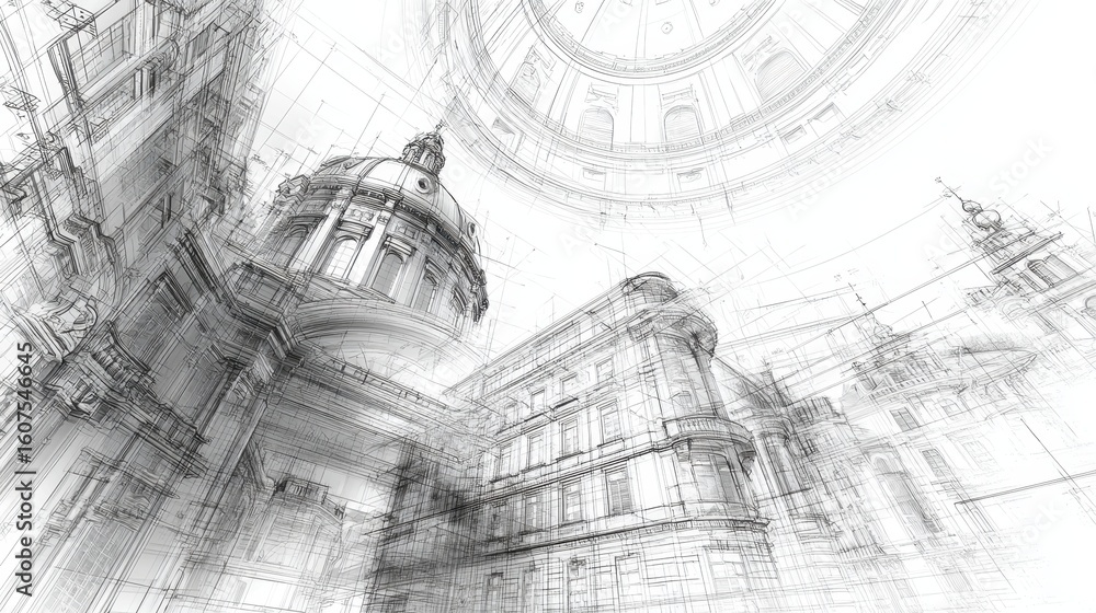Poster complex wireframe rendering of a futuristic cityscape with overlapping buildings and domes, creating