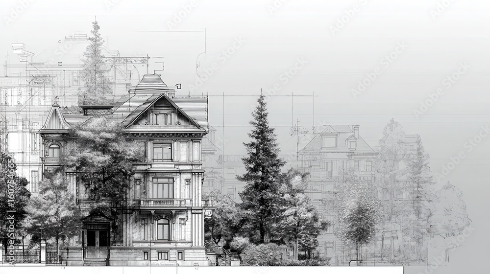 Poster architectural design progression revealing blueprint to 3d transformation, visualizing residential s