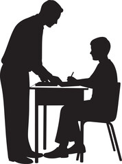 Teacher helping student at desk silhouette isolated on white background