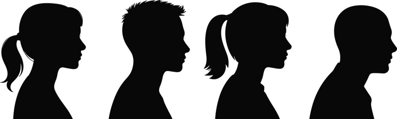  A collection of vector graphic silhouettes of diverse human heads and faces in profile view, including men and women, isolated on a pure white background.