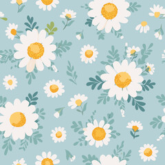 Obraz premium Seamless floral pattern with white and blue chamomile flowers, green leaves, and soft blue background. Ideal for textiles, wrapping paper, and spring designs.