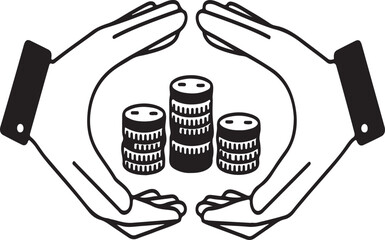 Stylized Hands Protecting Stacks of Coins Representing Financial Security and Savings with a Symbolic Gesture of Safeguarding Wealth