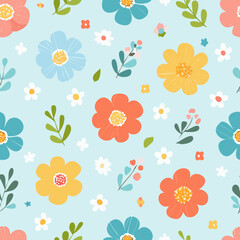 Obraz premium Seamless floral pattern with colorful hand-drawn flowers and leaves on light blue background. Perfect for fabric, kids design, and stationery