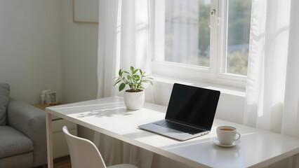 A serene, high-resolution photo of a minimalist home workspace setup with a modern laptop, a cup of tea, a potted plant, and natural sunlight coming through white curtains. Clean white desk, no people