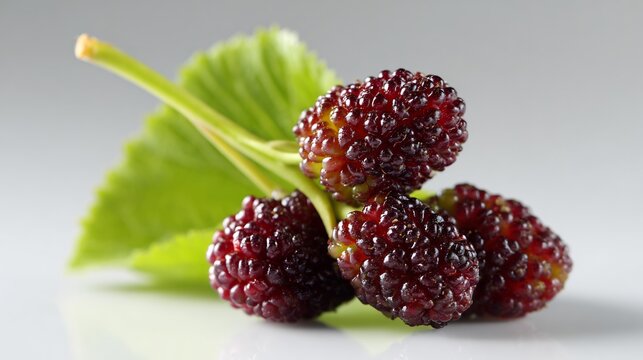 Mulberry closeup Morus alba fresh mulberries macro shot bumpy fruit texture white background healthy fruit photography