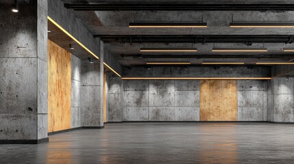 Empty, modern interior space with concrete walls and wood accents.
