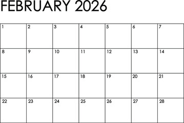 February 2026 month calendar - Sunday to Saturday format. Simple black and white design