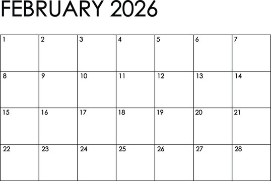 February 2026 month calendar - Sunday to Saturday format. Simple black and white design