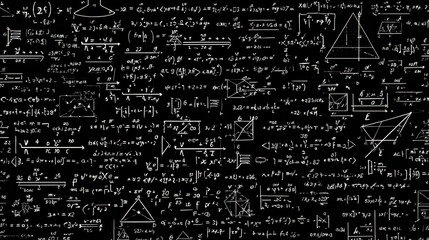 Handwritten scientific formulas, mathematical calculations, and geometric shapes covering blackboard surface, representing complex physics and engineering principles