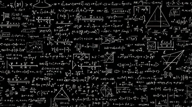 Handwritten scientific formulas, mathematical calculations, and geometric shapes covering blackboard surface, representing complex physics and engineering principles - Powered by Adobe