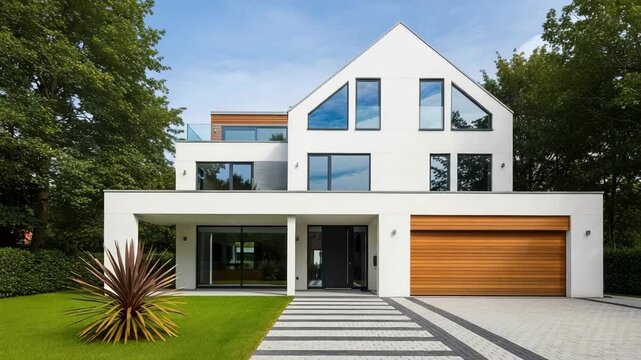 A stunning modern white house with a wooden garage door and large windows, set against a backdrop of lush green trees and a clear blue sky