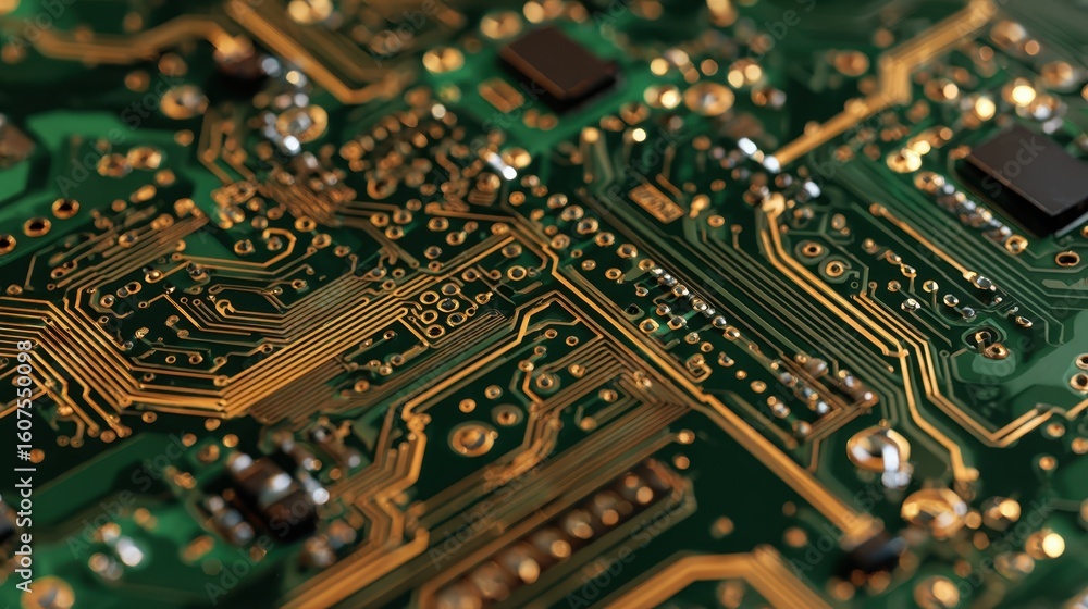 Poster close up of a printed circuit board illustrating the intricate network of electronic components, hig