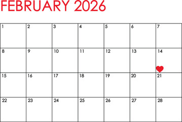 February 2026 month calendar - Sunday to Saturday format. Simple design in red and black colors and a heart marking Valentine's Day on February 14th