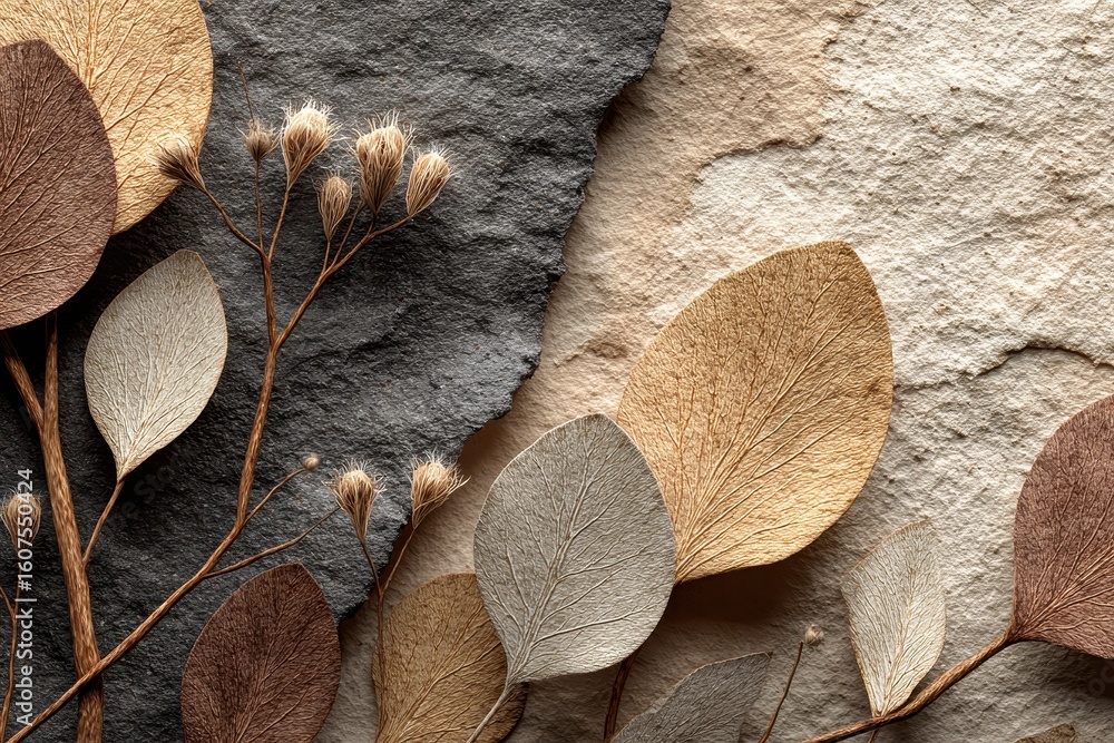 Poster dried botanical elements arranged on textured surfaces featuring a variety of shapes and colors in a